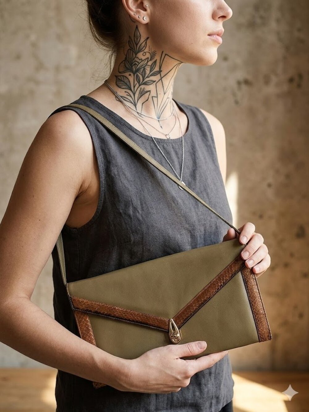 Vintage Leather Clutch With Snakeskin Trim